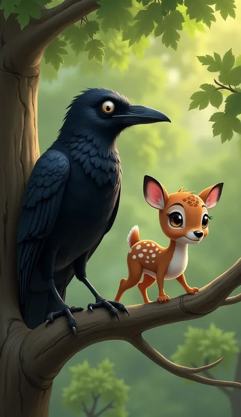 "A clever crow sits on a nearby tree branch, watching the baby deer in trouble. The crow tilts its head, appearing thoughtful as it observes the situation."