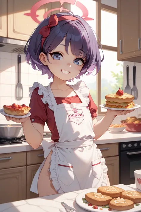 Haruka (Blue Archive), short hair, purple hair, bangs, loli, aged down, apron only, front, kitchen, preparing food, delicious food, uncensored, small boobs, small hips, little smile.