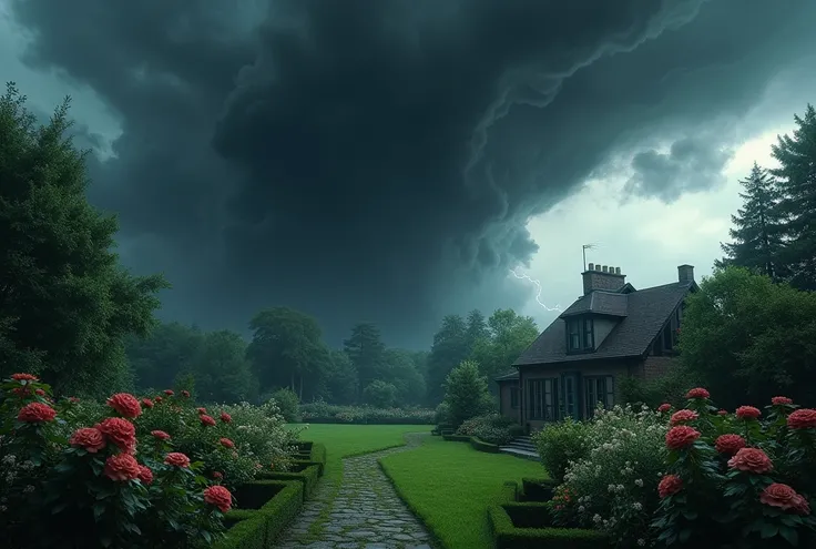 The dark cloud in the garden of a house