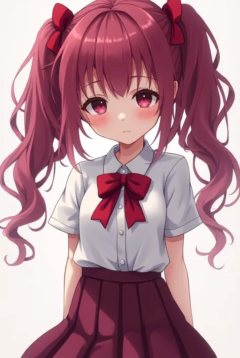  elementary school girl、 young face, slouched eyes, saggy eyes 、 hair is bright dark magenta with long hair and ponytails、Height is about 135 cm   、  Eyes are dark magenta like rubies   、The chest is small、 if youre smaller than a cup, wear a white short s...