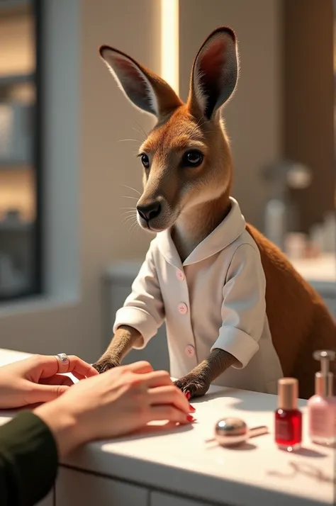 Create a kangaroo working in a beauty salon as a manicurist serving a client
