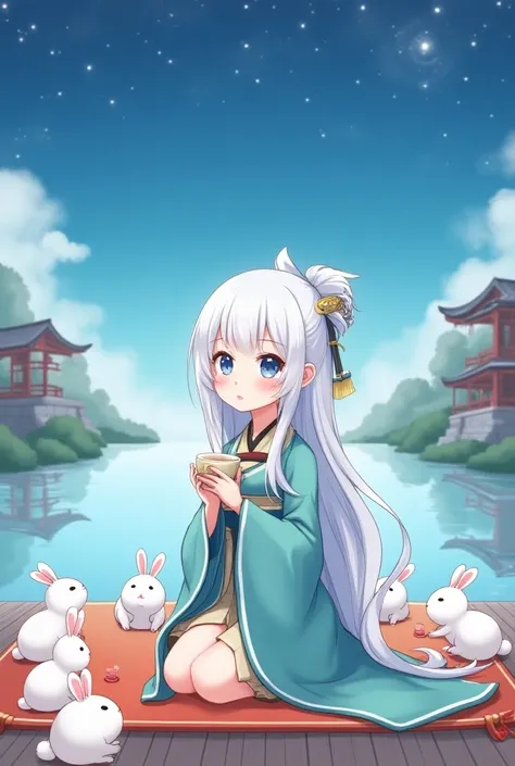 A charming anime-style illustration of a beautiful girl wearing traditional Chinese Hanfu, with long white hair and striking blue eyes. She knelt on the mat, sipping tea and admiring the earth. There are many cute little white rabbits jumping around her, c...