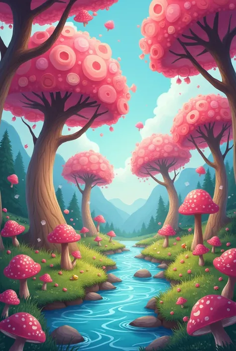 lollipop forest 、cute、 river is flowing、cuteきのこ、２ｄ、 digital art