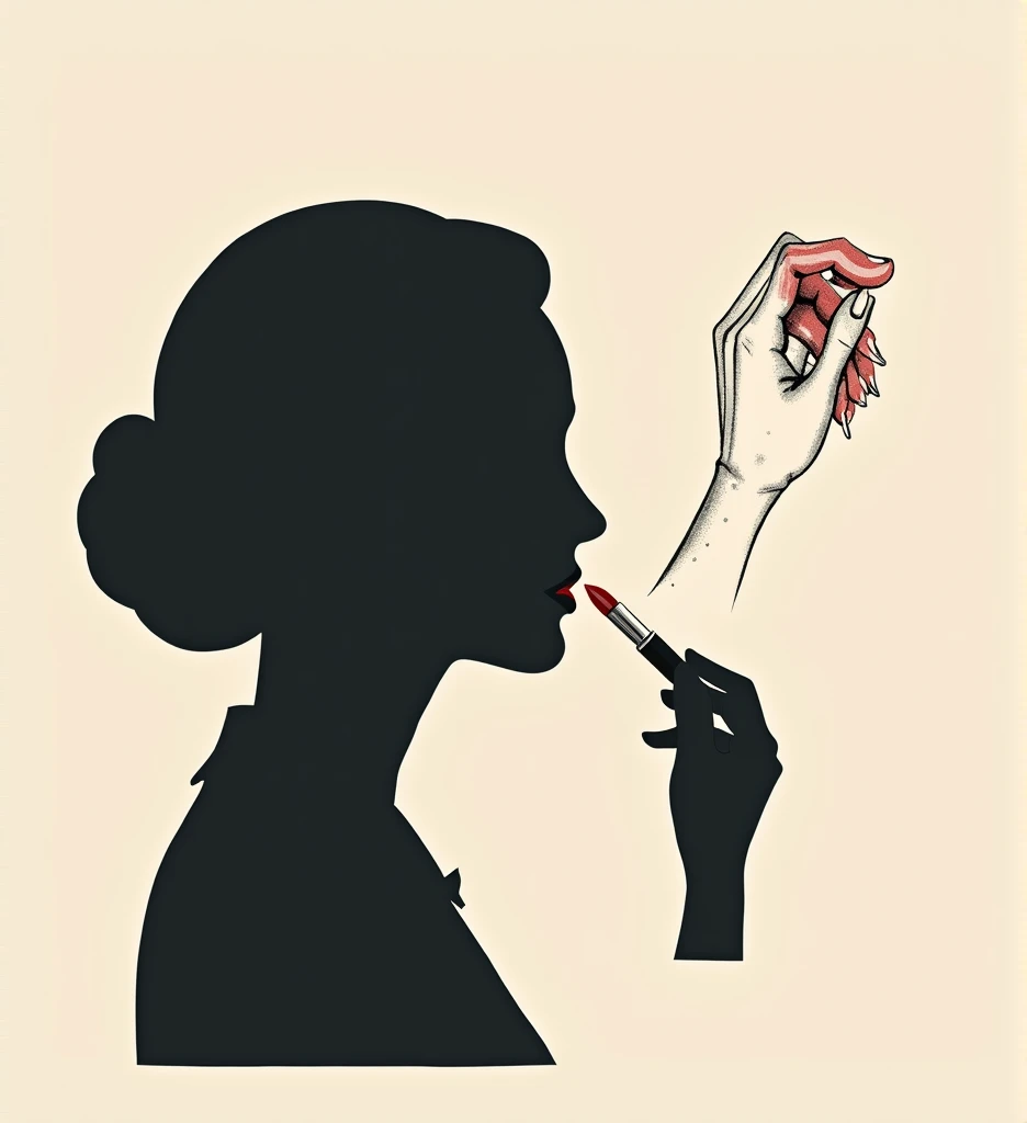  creates a flat poster ，The visual effect of the silhouette ，A womans side face， and a sketch of a hand drawing lipstick ，Combining the image of a hand with American characters，Overall simplicity