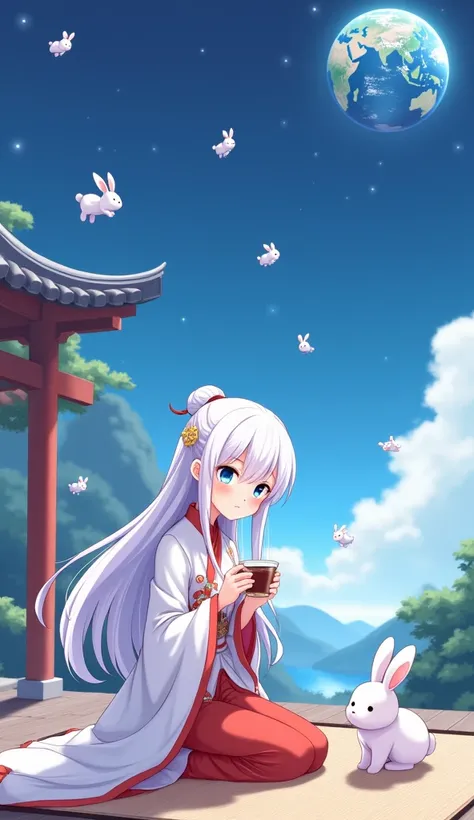 A charming anime-style illustration of a beautiful girl wearing traditional Chinese Hanfu, with long white hair and striking blue eyes. She knelt on the mat, sipping tea, while the earth hung in the sky. There are many cute little white rabbits jumping aro...