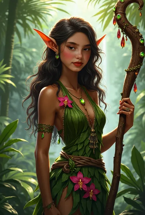 Description:  An elf of Colombian origin in a tropical forest .  She has brown skin and emerald green eyes ,  long wavy hair in a dark brown tone with some light highlights.  Her ears are pointed and slightly elongated ,  characteristics of elves .  She we...