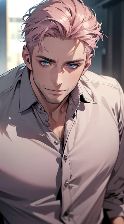 (best quality,4k,8k,highres,masterpiece:1.2),ultra-detailed,(realistic,photorealistic,photo-realistic:1.37),1 man,3,mature man,very handsome,without expression,smile,short grey pink hair,blue eyes,penetrating gaze,perfect face without errors,imposing postu...