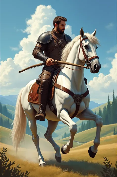 Handsome man rides a white horse while carrying a crossbow 