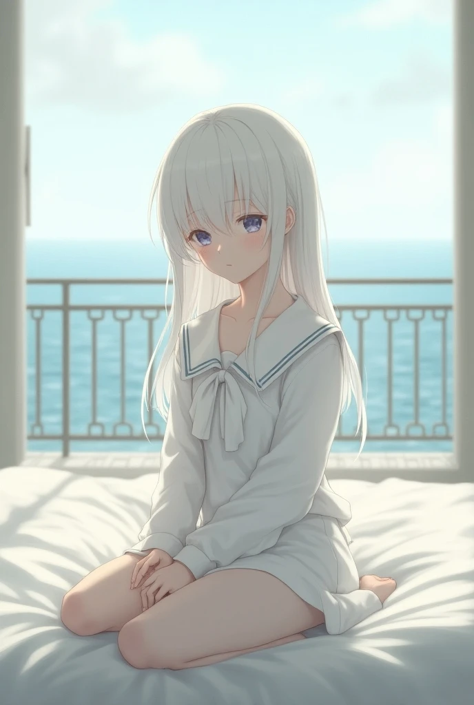 Russian girl,Anime style, white hair, white clothes, sitting on bed, seaside background, schoolgirl 