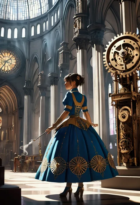 ( extremely detailed and realistic CG , masterpiece,  Best quality ,  pompous skirt), vaporpunk, Metropolitan Cathedral of São Paulo, ( better lighting ,  better shade,  extremely delicate and beautiful),  dynamic angle ,  cinematic atmosphere , ornate met...