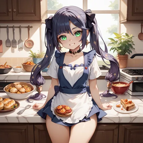 mona_(genshin_impact), bangs, loli, aged down, apron only, front, kitchen, preparing food, delicious food, uncensored, small boo...