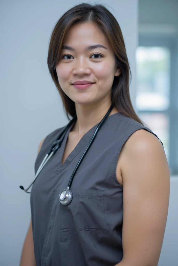 beautiful athletic early 40s asian female doctor wearing sleeveless scrubs with stethescope around necknin medical exam room. Thick upper arms. Photograph