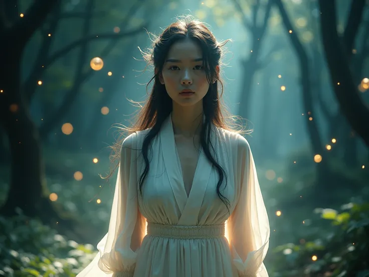 Picture a phenomenon where the most mysterious Korean woman in the world is standing in a sacred forest and a very mysterious feast of light is taking place around her