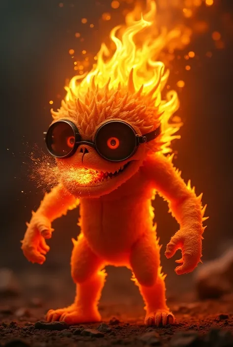 A flame with goggles spitting with the face of a field flame