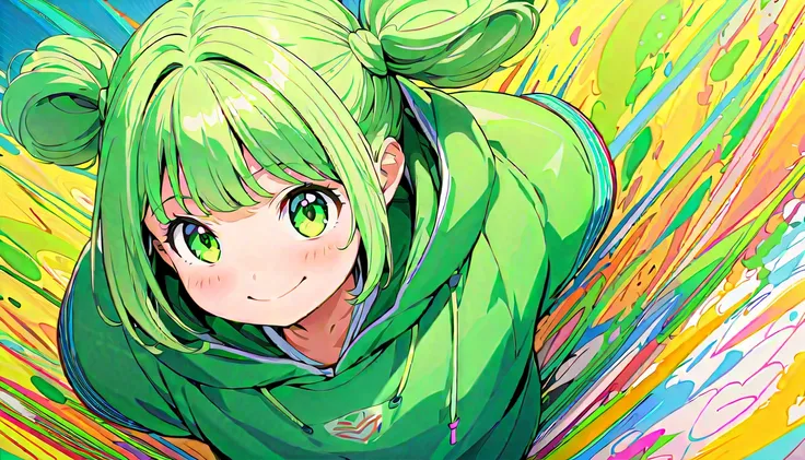 (masterpiece, Highest quality, Official Art:1.2), Looking at the audience, One Girl, alone, (green long hair, twin tails) and (green eyes), wearing a hoodie, Heartwarming and happy, Green Background, Ultra-fine illustrations, highly detailed, Dynamic Angle...