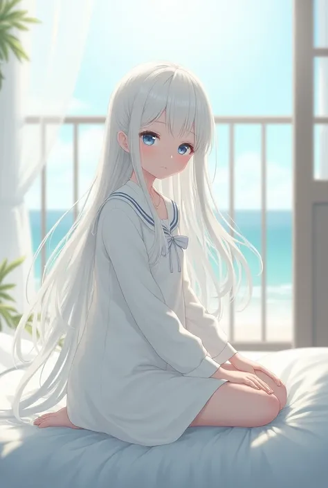 Russian girl,Anime style, white hair, white clothes, sitting on bed, seaside background, schoolgirl 