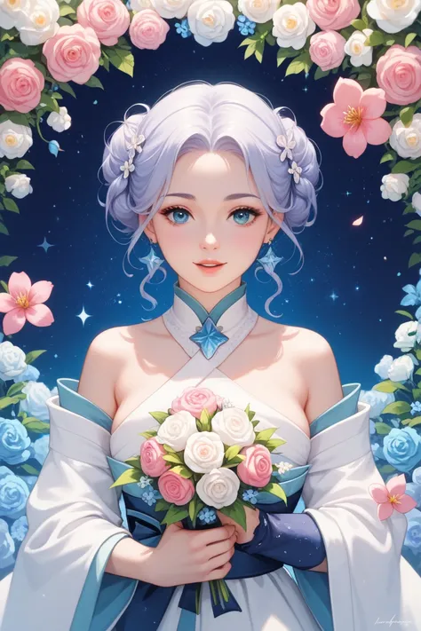  Create an image of a girl with eyes that shine in the colors of the universe,  a heavenly blue with twinkling stars .  Her hair is diamond-colored ,  constantly changing according to the light ,  with a soft sheen .  She wears a simple kimono , but elegan...