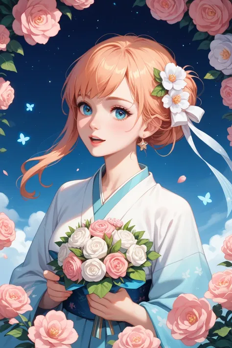  Create an image of a girl with eyes that shine in the colors of the universe,  a heavenly blue with twinkling stars .  Her hair is diamond-colored ,  constantly changing according to the light ,  with a soft sheen .  She wears a simple kimono , but elegan...