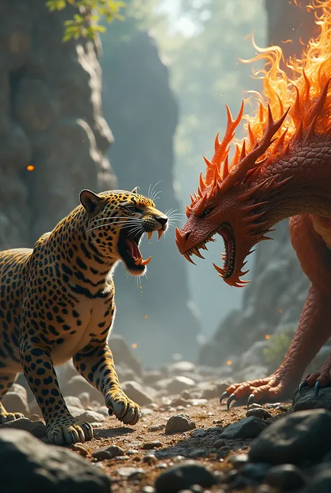 Create an ultra realistic image of a jaguar facing a dragon,  where both are angry .  make them with their bodies showing.