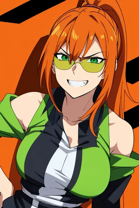 an adult woman in anime style with dark green car racing clothes in her clothes,  long hair in an orange ponytail and a long fringe , sunglasses with orange lenses,  your expression being of someone confident and dominant , angry eyes and a smile showing i...