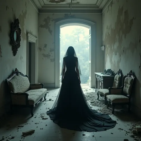  Bride in a black dress that looks like a ghost in the back of a hall of an all white and abandoned and old Palace,  littered with dust and old and broken furniture ,  broken mosaics and broken windows !  Everything very realistic and natural !  Very perfe...