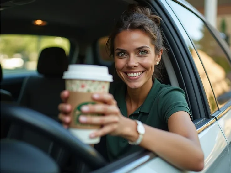 Create a realistic image of a Starbucks drive-thru counter. The barista, is leaning slightly out of the counter with a friendly smile, holding a drink and extending it toward the viewer. The background includes details of the Starbucks exterior, such as th...