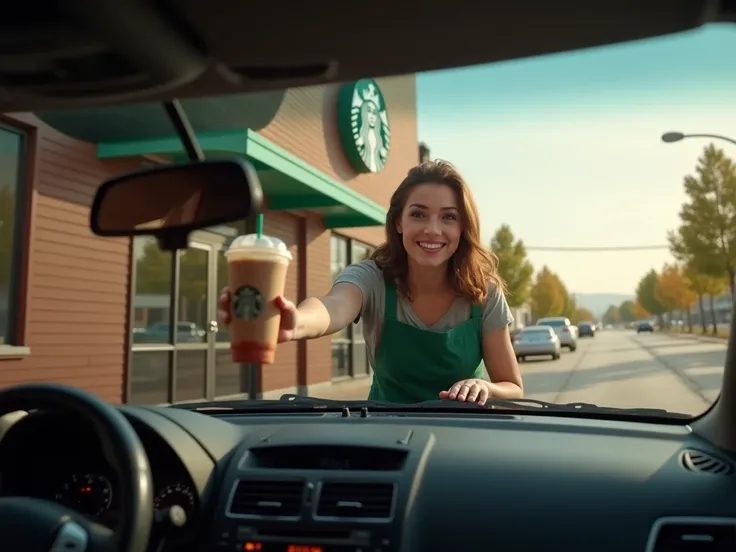 Create a realistic image from the point of view inside a car, looking out at a Starbucks drive-thru counter. The barista, shown from the waist up, is leaning slightly out of the counter with a friendly smile, holding a drink and extending it toward the vie...