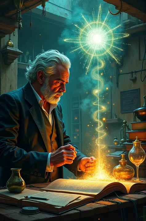 I need a drawing of José Arcadio Buendías conversation with alchemy and his obsession with experiments.