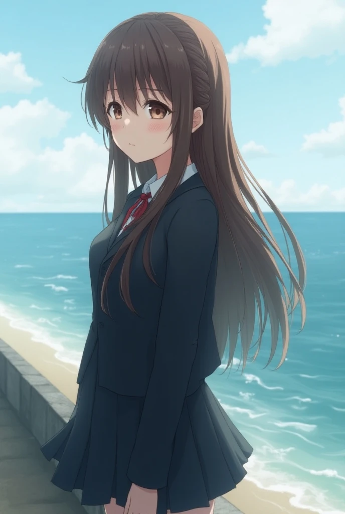 Brown hair, brown eyes, long hair,Anime style, Japanese girl, schoolgirl,seaside background,black clothes 