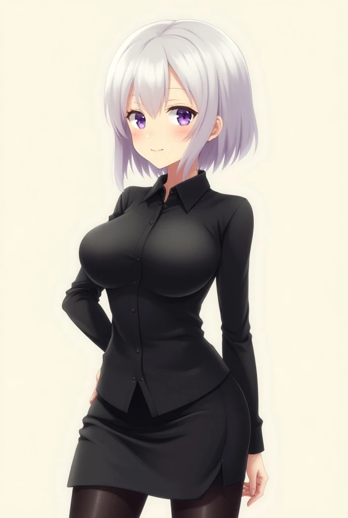 Create a cheerful anime girl with short white hair and a black office shirt with a black skirt with a black skirt with long black athletic tights and who has big breasts 