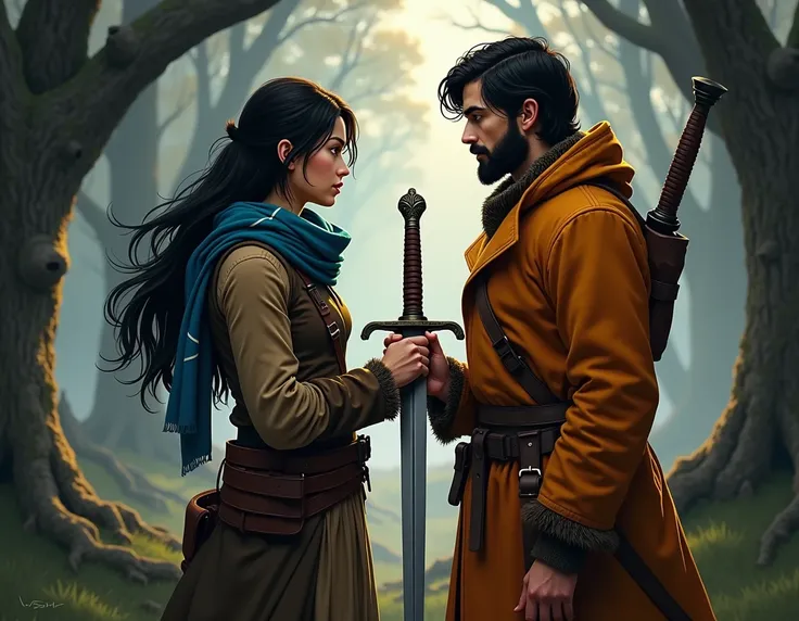 In a forest village surrounded by tall trees, a serious young woman with long black hair, wearing brown hunter clothes and a blue scarf with white lines, stands next to a handsome young man with a beard, medium-length black hair, and an orange coat. Both h...