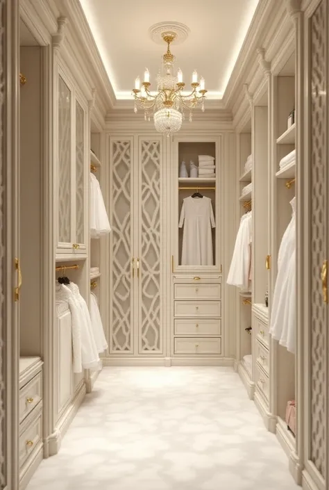 A large and spacious walk-in closet for a couple of twin babies in neutral tones and royal fairytale style and delicate gold decorations.