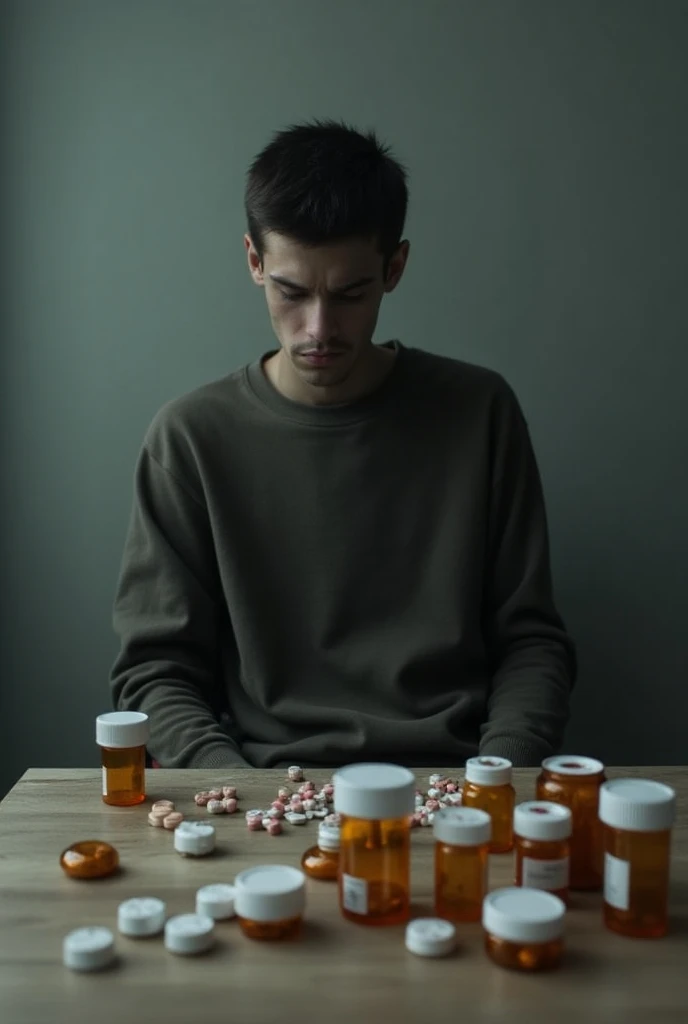 A young depressed man settings on chair, 
in front of him there is a lots of medicine on a table
realistic photo 