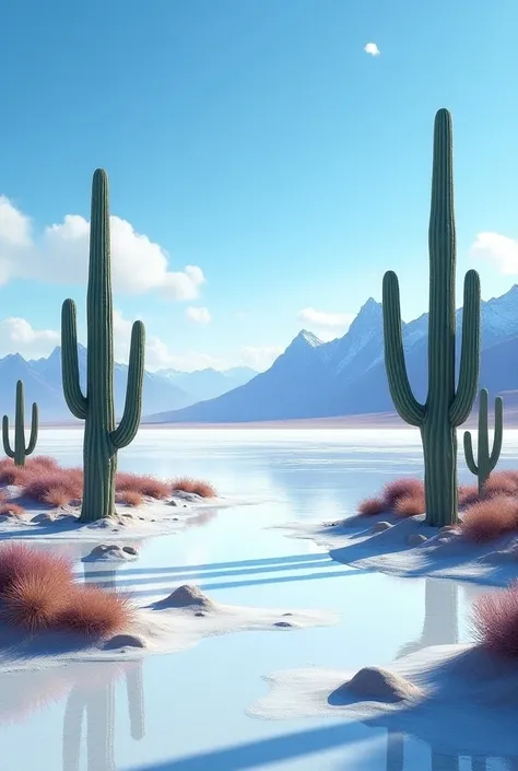 SALAR DE UYUNI WITH CACTI AND MOUNTAINS IN THE BACKGROUND 