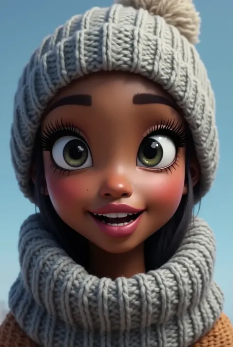 **The digital image of Froslyn, which emphasizes her facial features. She has smooth, dark skin and full lips, with a confident expression. Her eyes are large and expressive, framed by long eyelashes and well-defined eyebrows. She wears a matching beanie a...