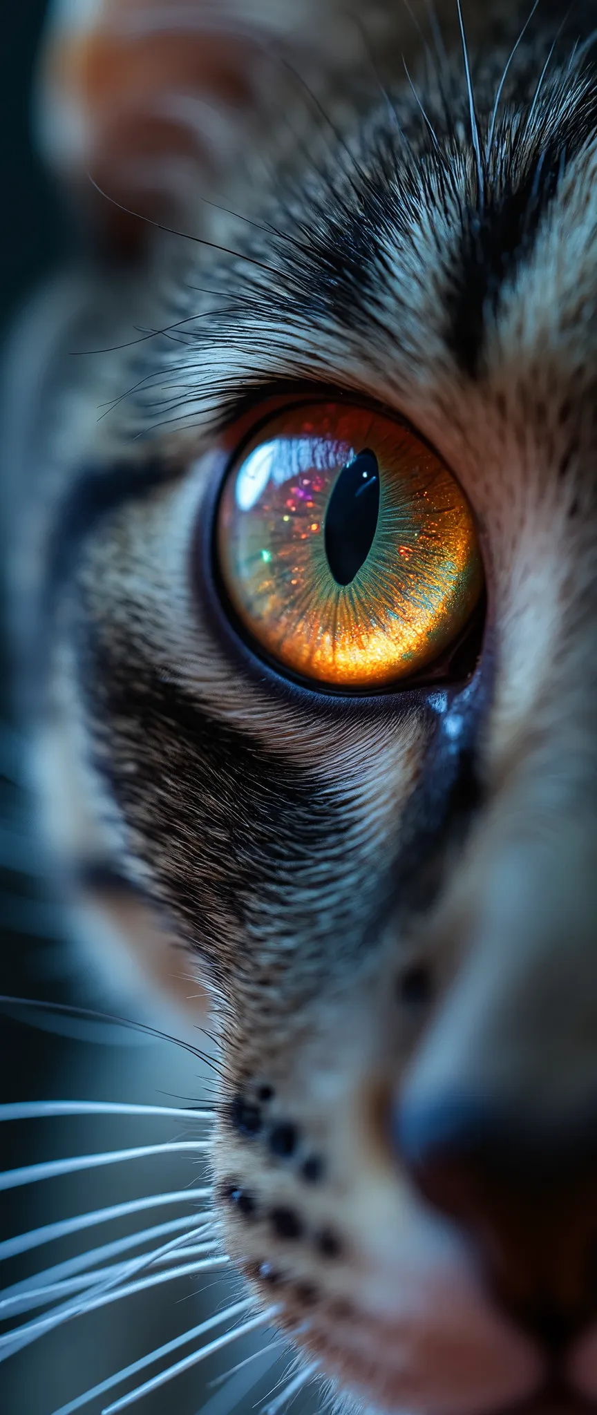 close-up of a beautiful cat eye\( beautiful, cosmic-colored, shining, big eye, glowing, reflection of beautiful colorful lights\). very beautiful long soft eyelashes.,very carefully described. very high resolution photo. Great focus. great bokeh. the most beautiful photo in the world.great camera work,dynamic camera work,great angle,very beautiful lighting.