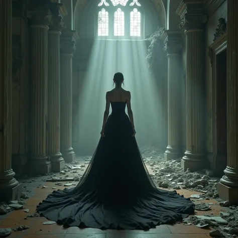  Bride in a black dress that looks like a ghost in the back of a hall of an all white and abandoned and old Palace,  littered with dust and old and broken furniture ,  broken mosaics and broken windows !  Everything very realistic and natural !  Very perfe...