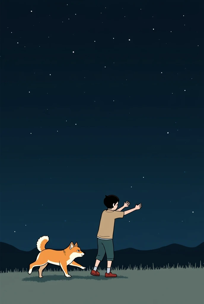 night、Outside、A simple illustration of a Shiba Inu reluctantly running and jumping into the arms of a young man standing in the way