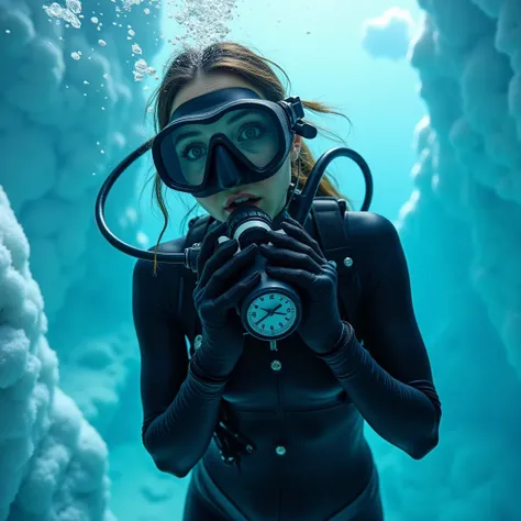 Sexy scuba diver girl wearing  scuba gear and latex suit trapped under the ice in Antarctica and surprised  looking at viewer  and giving him her regulator because she runned out of air and in her panic because she cant breathe struggling to go the  surfac...