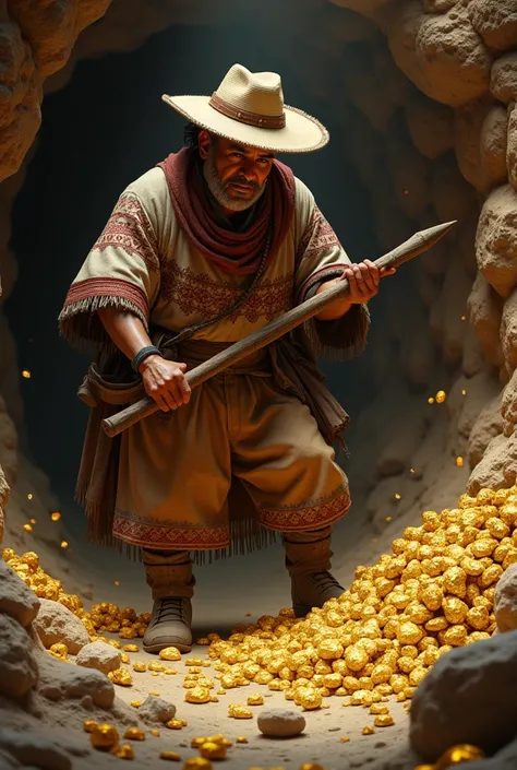 Create a cholito that is in a mine digging for gold where every piece of gold you have to write something do it with an Andean theme 