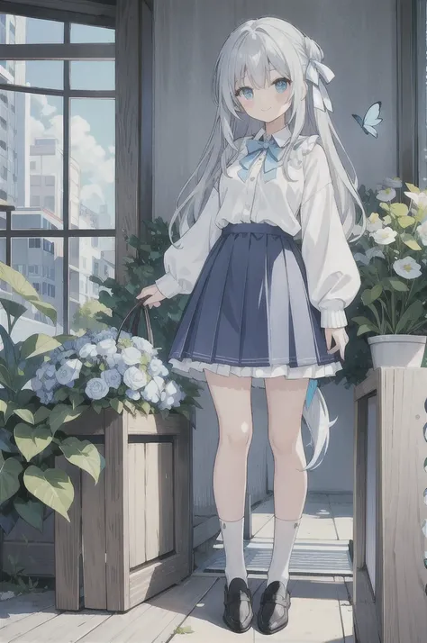 Gray hair、Very long hair · side tail on the right side · eyes of a different color 、Left eye is light blue、The right eye is gray, small breasts, white blouse, large collar, light blue cardigan, light blue ribbon on the sleeve of the cardigan, light gray ru...