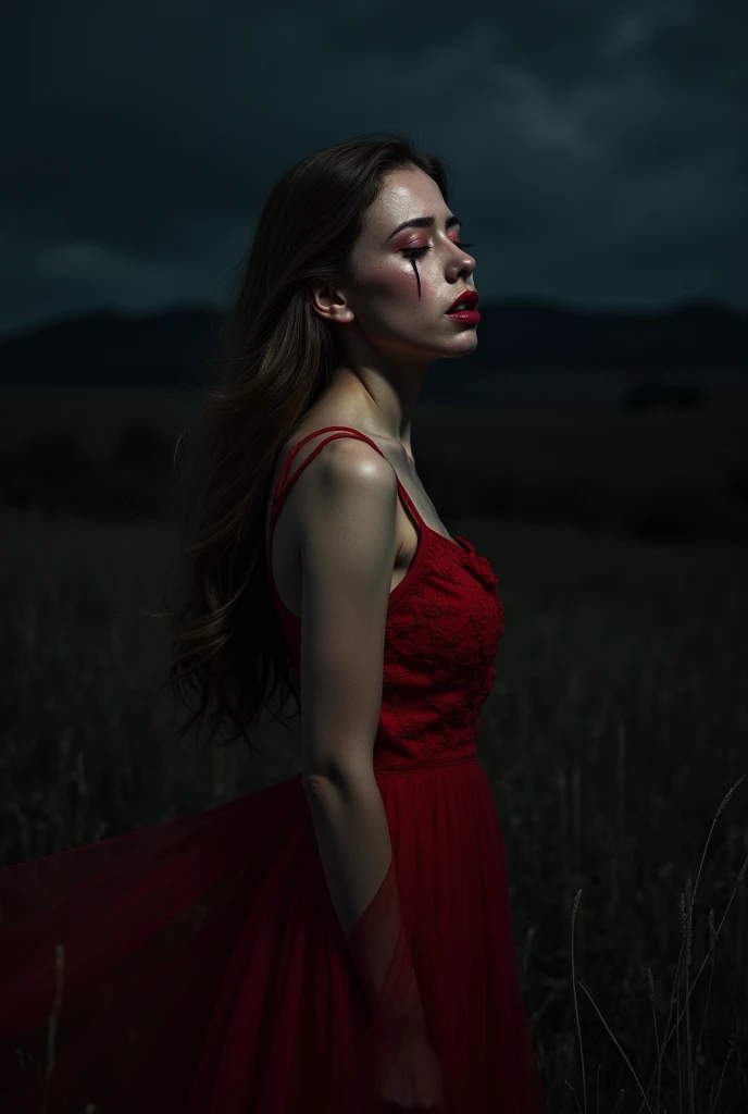  Create a picture of a woman crying a lot, her dressed in a red dress , at night 