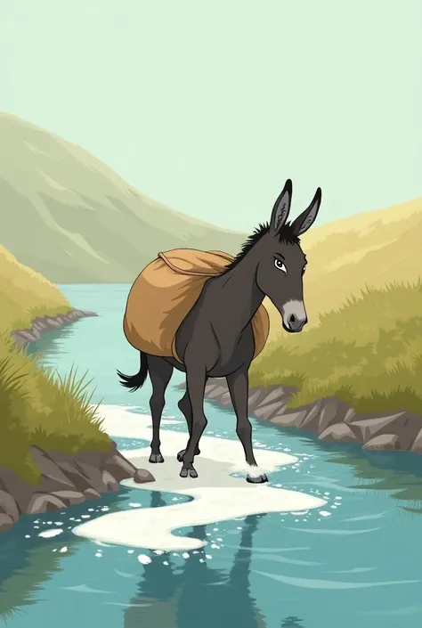  As donkey stepped in the river with heavy bag of salt donkey slipped making his load lighter The donkey was pleased