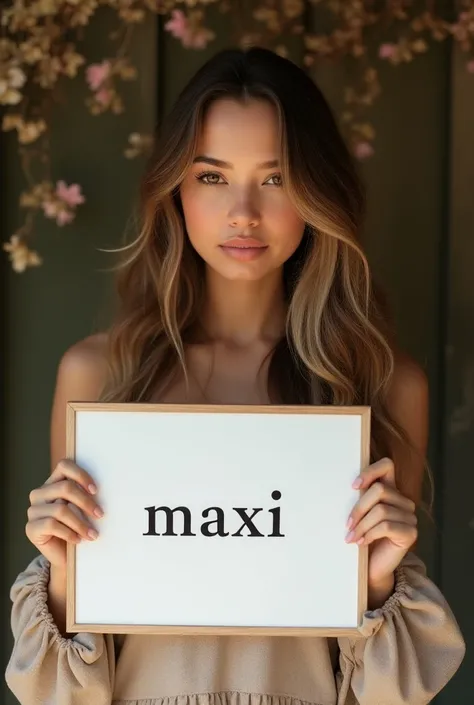  Beautiful girl with long wavy hair, bohemian dress,  holding a white board with the text "maxi "  and showing it to the spectator