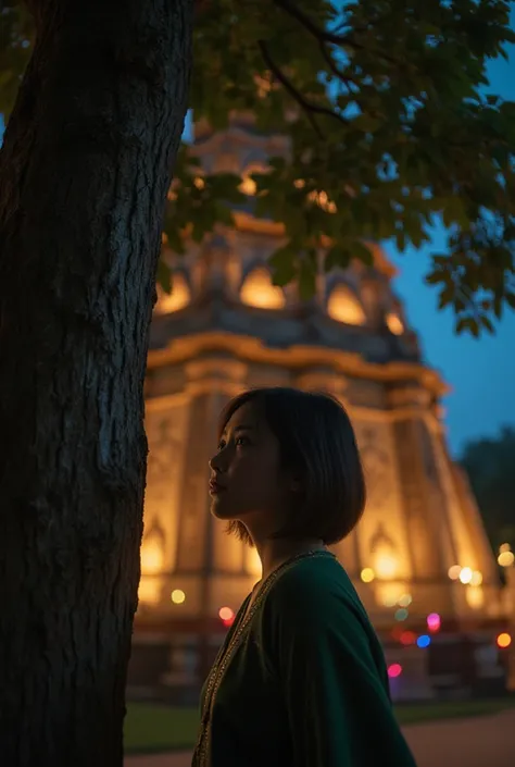 A half-body portrait of a young Thai woman in traditional Thai clothing, standing under a large tree in an ancient Thai temple at night. She has short black hair and is gazing upward with a serene expression as warm, soft lighting gently illuminates her fa...