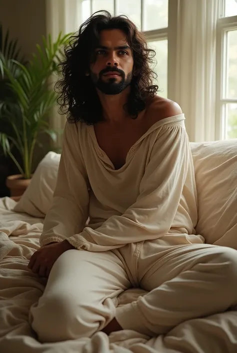 (photorealism:1.2), beautiful Virat Kohli man, sitting on bed, wearing loose off-shoulder top, pajama pants, long curly hair, indoors, soft lighting, plants in background, window with sunlight, cozy room, relaxed pose, realistic, intricate details, warm co...