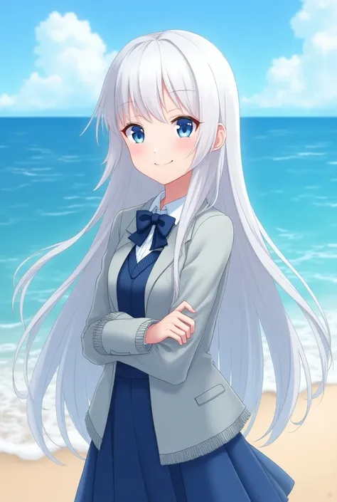 White hair, blue eyes, long hair,Anime style,russian girl, schoolgirl,seaside background,smile