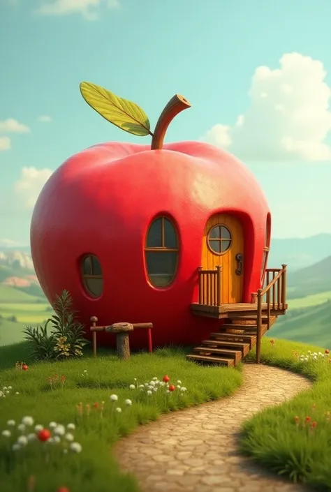 cute apple-shaped dome house 、２ cute storey house with a spiral staircase outside、２ｄ、 digital art