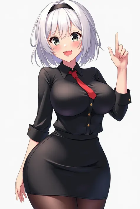 Create a cheerful anime girl with black eyes with short white hair and a black office shirt with a short black skirt with a tie with black sporty wool tights and with big breasts and thick thighs showing her buttocks a little 