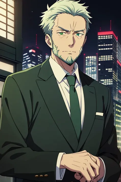  an old adult anime-style man wearing a black suit and green tie,  short white hair, small beard, Your tired expression , bright green eye color. The background being a dark green scifi city on a black sky night